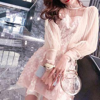 Long-sleeve Frill Collar Sequined Mesh Dress
