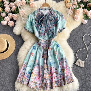 Round-neck Print Short-sleeve Puff-sleeve Dress