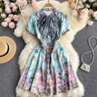Round-neck Print Short-sleeve Puff-sleeve Dress