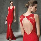 Sleeveless V-neck Open Back Slit Front Lace Evening Dress