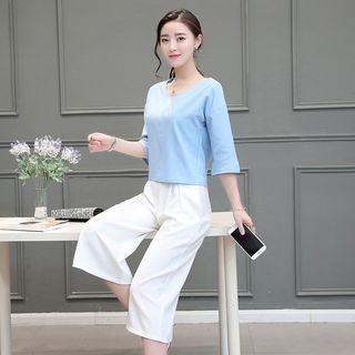 Set: Plain 3/4 Sleeve Chiffon Top + Culottes