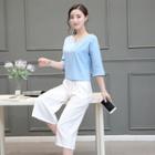 Set: Plain 3/4 Sleeve Chiffon Top + Culottes