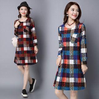 Long-sleeve Check Printed Dress