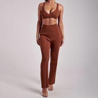 Set: Plain Ribbed V-neck Cropped Tank Top + Plain Ribbed High-waist Pants