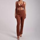 Set: Plain Ribbed V-neck Cropped Tank Top + Plain Ribbed High-waist Pants