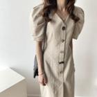 Single-breasted Puff-sleeve Midi Sheath Dress