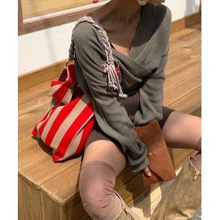 Wrap-front Rib-knit Top Khaki - One Size