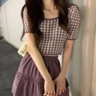Short-sleeve Houndstooth Knit Top / Mini A-line Skirt