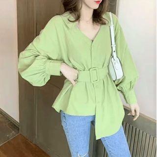 Long-sleeve Asymmetrical Hem Belted Blouse