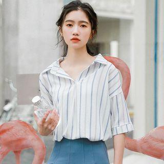 Elbow-sleeve Striped Chiffon Shirt Green & Blue Stripe - White - One Size