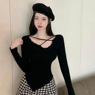 Long-sleeve Cross Strap Asymmetrical T-shirt