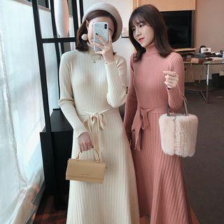 Turtleneck Ribbed Long-sleeve Midi A-line Dress