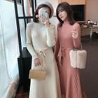 Turtleneck Ribbed Long-sleeve Midi A-line Dress