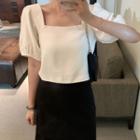 Puff-sleeve Square Neck Plain Top / High-waist Asymmetric Skirt