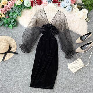 Lantern-sleeve Midi Velvet Sheath Dress