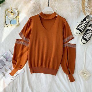 Long-sleeve Rhinestone Trim Cutout Knit Top