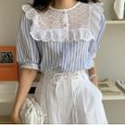 Short Sleeve Striped Lace Panel Blouse