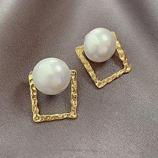 Faux Pearl Hollow Square Stud Earring 1 Pair - As Shown In Figure - One Size