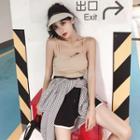 Open Back Camisole Top / Drawstring Shorts / Checked Shirt