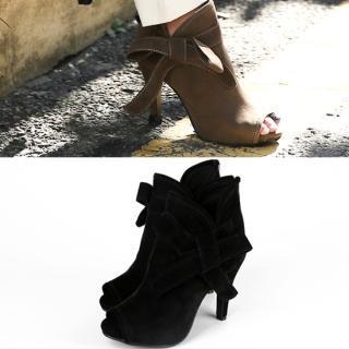 Ribbon-accent Open-toe Ankle Boots