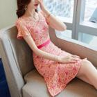 Short-sleeve Ruffle Hem Mini A-line Lace Dress