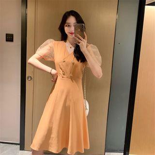 V-neck Double-breasted Puff-sleeve Midi Dress