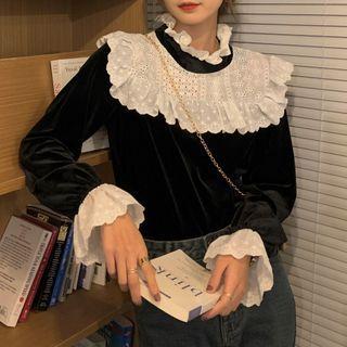 Long-sleeve Paneled Velvet Blouse