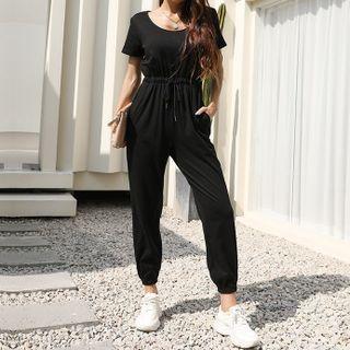 Short-sleeve Plain Drawstring-waist Jumpsuit