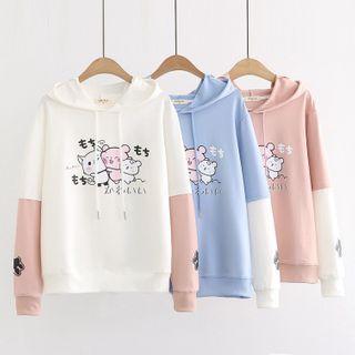 Cat Ear Hooded Printed Color Block Sweatshirt