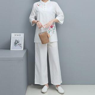 Set: Elbow-sleeve Embroidered Top + Wide Leg Pants