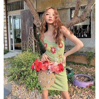 Spaghetti Strap Flower Embroidered Mini Knit Dress