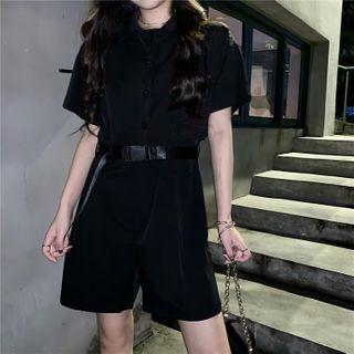 Short-sleeve Plain Jumpsuit With Belt Black - One Size