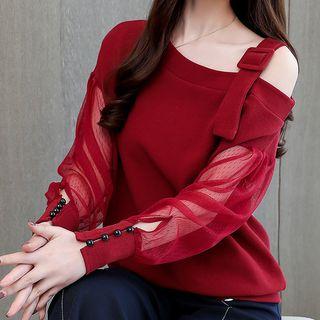 Long-sleeve Mesh Paneled Cold Shoulder Top