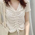 V-neck Floral Drawstring Blouse Off-white - One Size