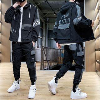 Set: Lettering Hooded Zip Jacket + Two-tone Cargo Pants