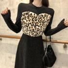 Mock Two-piece Long-sleeve Leopard Print Panel Midi Dress