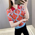 Short-sleeve Floral Print Knit Polo Shirt Floral Print - Red - One Size