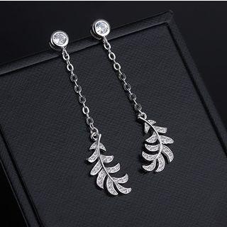 Rhinestone Leaf Dangle Earring 1 Pair - Copper Plated Platinum - One Size