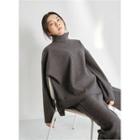 Turtle-neck Buttoned-side Knit Top Charcoal Gray - One Size