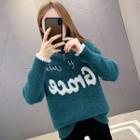 Mock-neck Lace Panel Lettering Knit Sweater