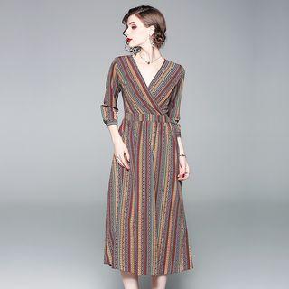 Striped 3/4-sleeve Midi A-line Dress