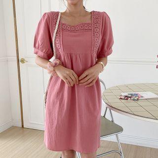 Square-neck Lace-trim Dress Pink - One Size