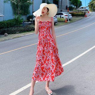 Spaghetti Strap Floral Print A-line Midi Dress As Shown In Figure - One Size