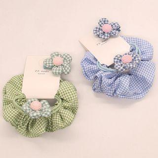 Set Of 3: Plaid Flower Hair Clip / Hair Tie / Scrunchie