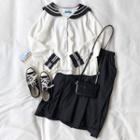 Long-sleeve Sailor-collar Top / Elastic-waist Midi A-line Skirt