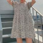 Puff-sleeve Leopard Print A-line Dress White - One Size