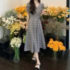 Puff-sleeve Square-neck Floral Dress Black - One Size