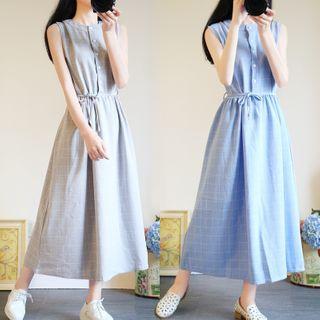 Plaid Sleeveless Tie-waist Midi A-line Dress