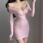 Long-sleeve Deep V Mini Sheath Dress Pink - One Size