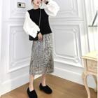 Color-block Long-sleeve Loose-fit Top / Glittered Skirt